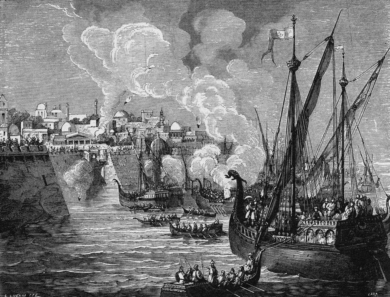 1453年穆罕默德二世围攻君士坦丁堡时，围攻者和被围攻者使用的希腊火。载于 "科学专辑"，Éditions Jouvet 作者 未知艺术家