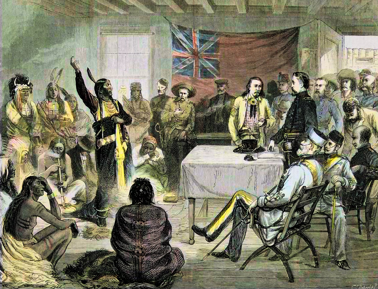 美国的印第安人战争--1877年10月在英国领土沃尔什堡与坐牛和水牛比尔举行的 "坐牛 "会议--坐牛和水牛比尔。坐牛会议在英属领地沃尔什堡举行，在与印第安人的战争期间 作者 未知艺术家