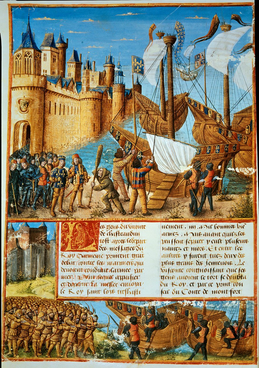 The King of France Louis IX (Saint Louis) (1214-1270) embarking on the seventh crusade. Miniature taken from “Les passages faits Outremer par les Français contre les Turks et autres Sarrazins et Moures Outremarine” by Sebastien Mamerot 作者 未知艺术家