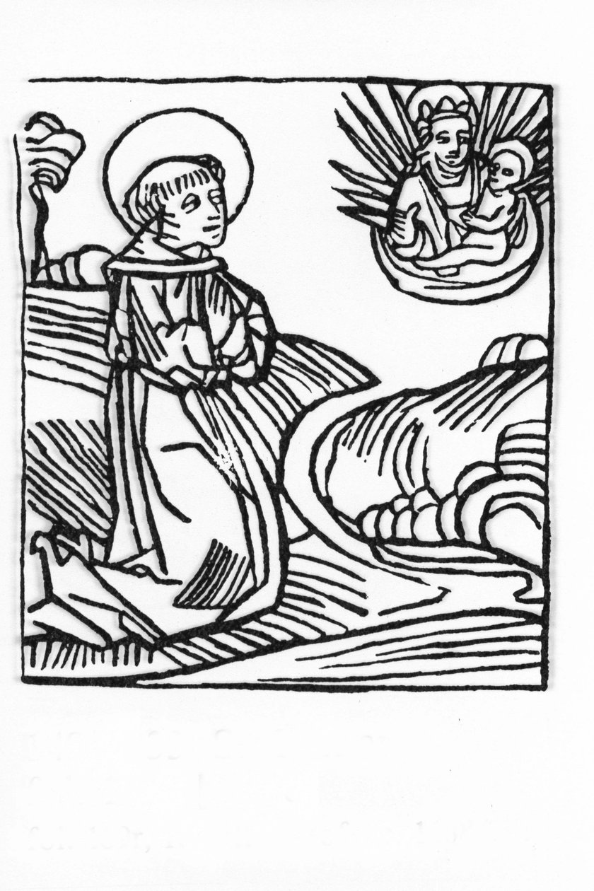 圣伯纳德芒通 (923-1008) 的生平。 Voragine (1228-1298) 的 Jacobus (James) 的“Leben der Heiligen - sommsteil”（圣人之书）雕刻。 杜贝克 1488。 作者 未知艺术家