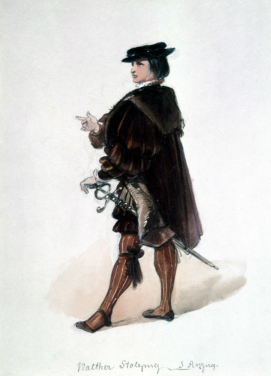 纽伦堡的歌唱大师》（Die Meistersinger von Nürnberg），理查德-瓦格纳创作的歌剧：由Walther von Stolzing为首演设计的服装。拜罗伊特瓦格纳博物馆。 作者 未知艺术家