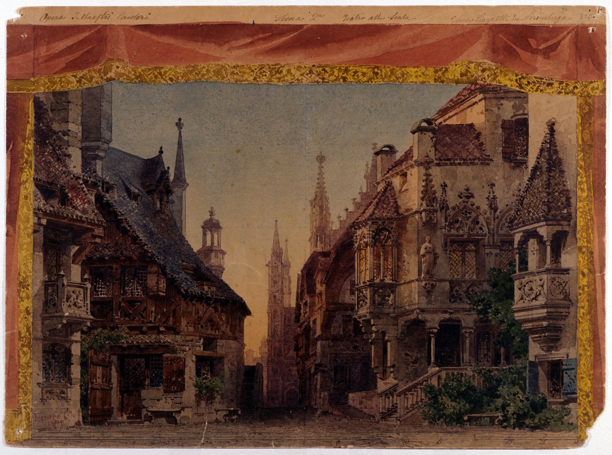 The Meistersinger von Nurnberg (Les Maitres Chanteurs de Nuremberg)，WWV 96，理查德·瓦格纳 (Richard Wagner) 于 1868 年创作的歌剧。 米兰斯卡拉歌剧院的费拉里奥布景 作者 未知艺术家