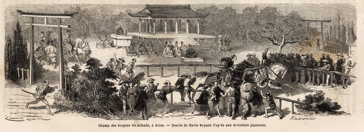 位于 Kioto（或京都）的 Mikado（日本天皇）乡绅，皇家马匹的训练和训练场。 1863 年至 1864 年，瑞士联邦部长艾梅·亨伯特 (Aime Humbert) 在“Le tour du monde, nouveau 作者 未知艺术家