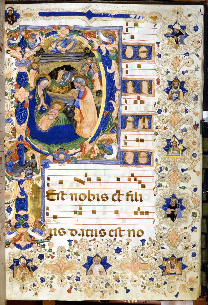 The Nativity represented on a 14th century choir. Milan, Biblioteca nazionale Braidense. 作者 未知艺术家