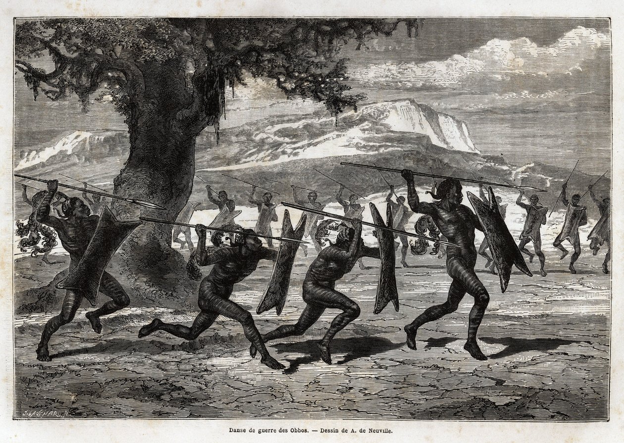 The Obbos (tribe of Uganda) performing a war dance. Engravure pour illustration le voyage au lac Albert, en 1861-1864, de Sir Samuel White Baker, in “Le tour du monde, nouveau journal des voyages”” published under the direction of Edouard Charton 作者 未知艺术家