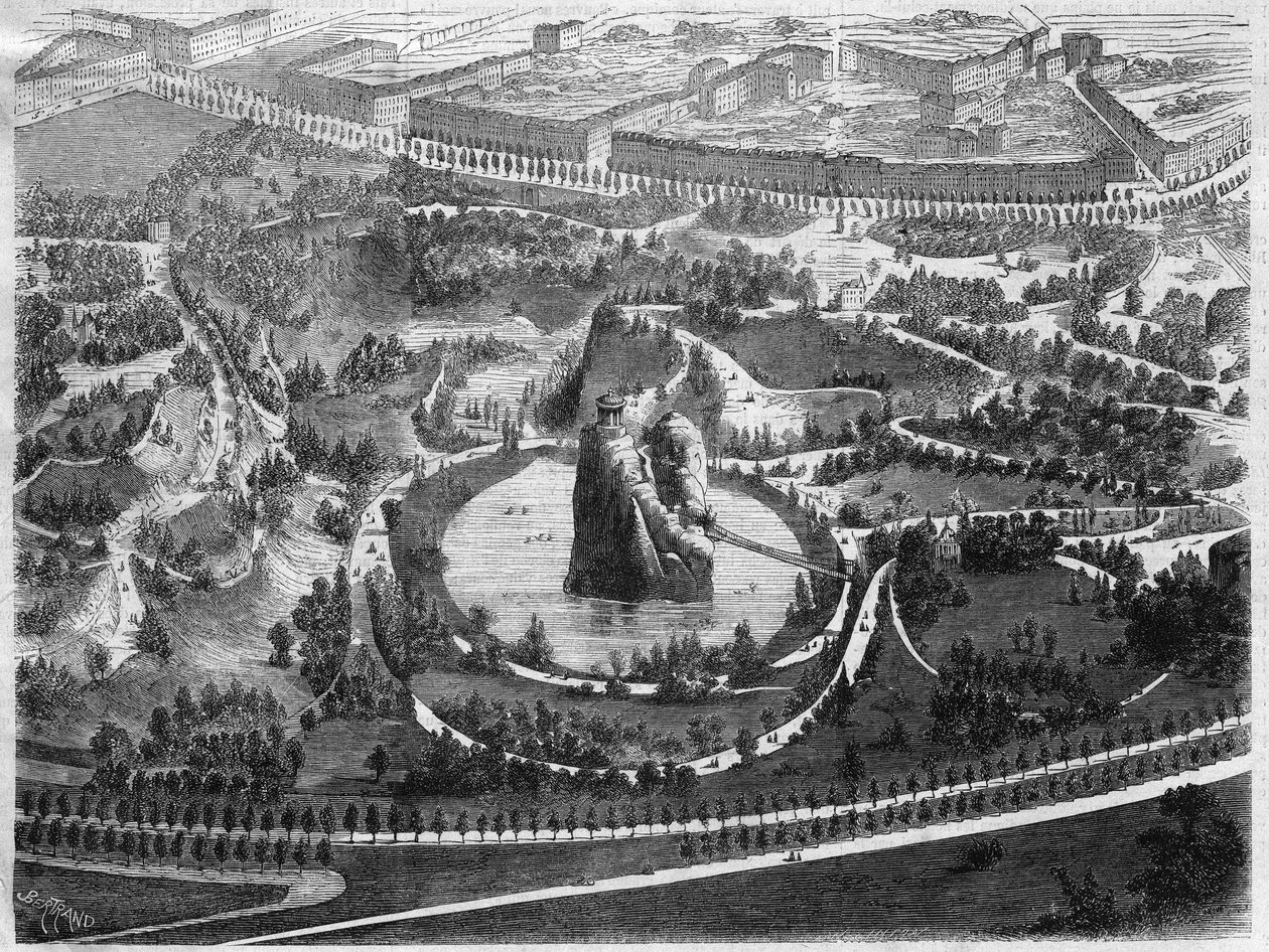 肖蒙公园（Buttes-Chaumont），是巴黎19区的一个公共花园，在拿破仑三世的倡议下，由奥斯曼男爵（Georges Eugene Haussmann）创建。 作者 未知艺术家