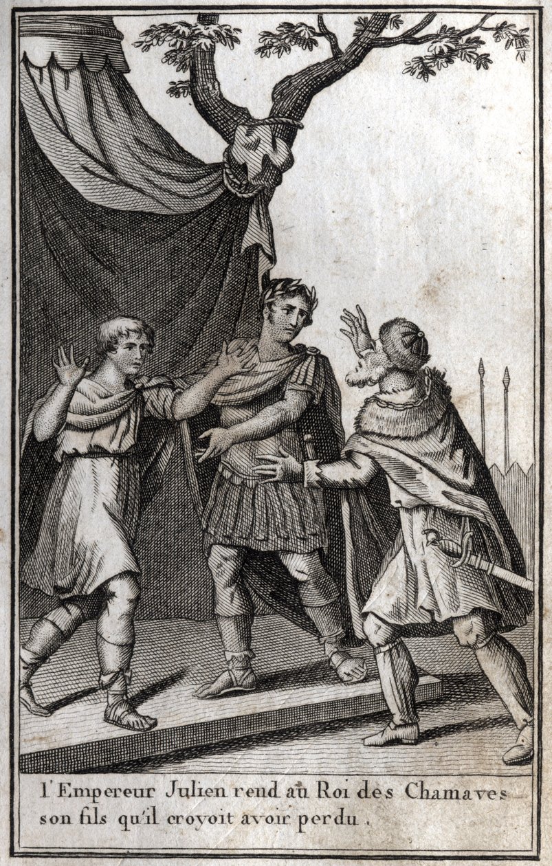 罗马皇帝朱利安（Flavius Claudius Julianus, Julian the Apostate, Julian the Philosopher, Julian II）（332-363）把他认为已经失去的儿子还给了查莫夫的日耳曼人国王。4世纪。雕刻在 "Beaute de l 作者 未知艺术家