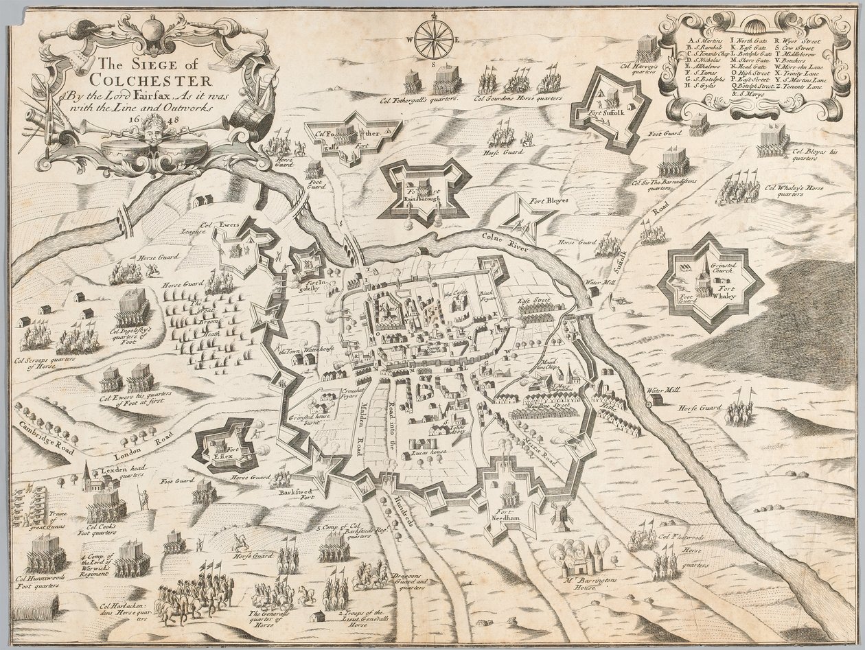 The Siege of Colchester by the Lord Fairfax, as it was with the line and outworks 1648 (engraving) 作者 未知艺术家