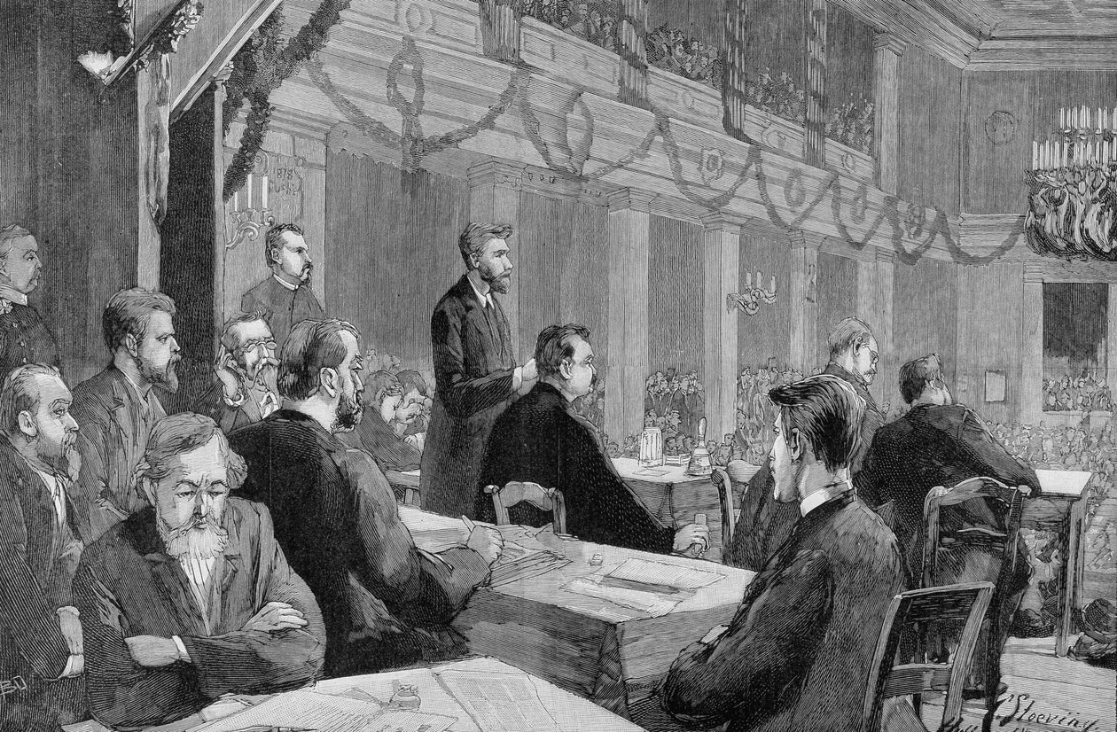 1890年哈雷（萨克森）社会主义大会，奥古斯特-贝贝尔出席，1890年的雕刻。 作者 未知艺术家