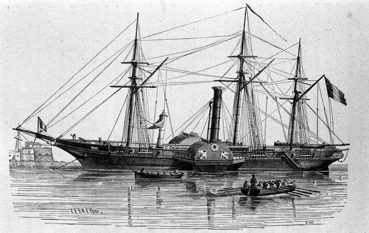 The Sphinx, the first steamboat of the French navy built in 1830. Engraving of the 19th century. 作者 未知艺术家