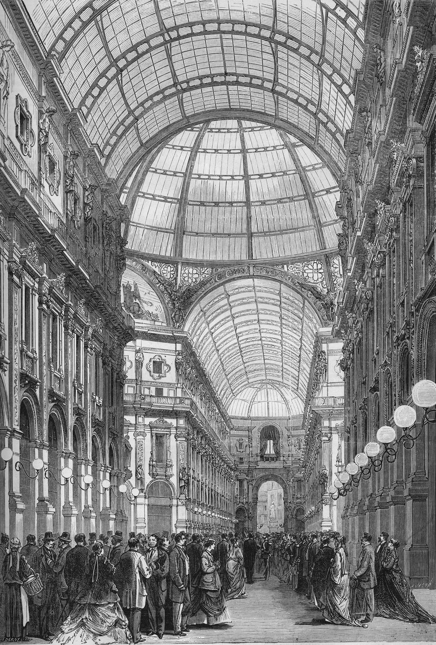 1867年在米兰的维克多-伊曼纽尔画廊（Victor-Emmanuel）。(Galleria Vittorio Emanuele)。1867年的雕版画。 作者 未知艺术家