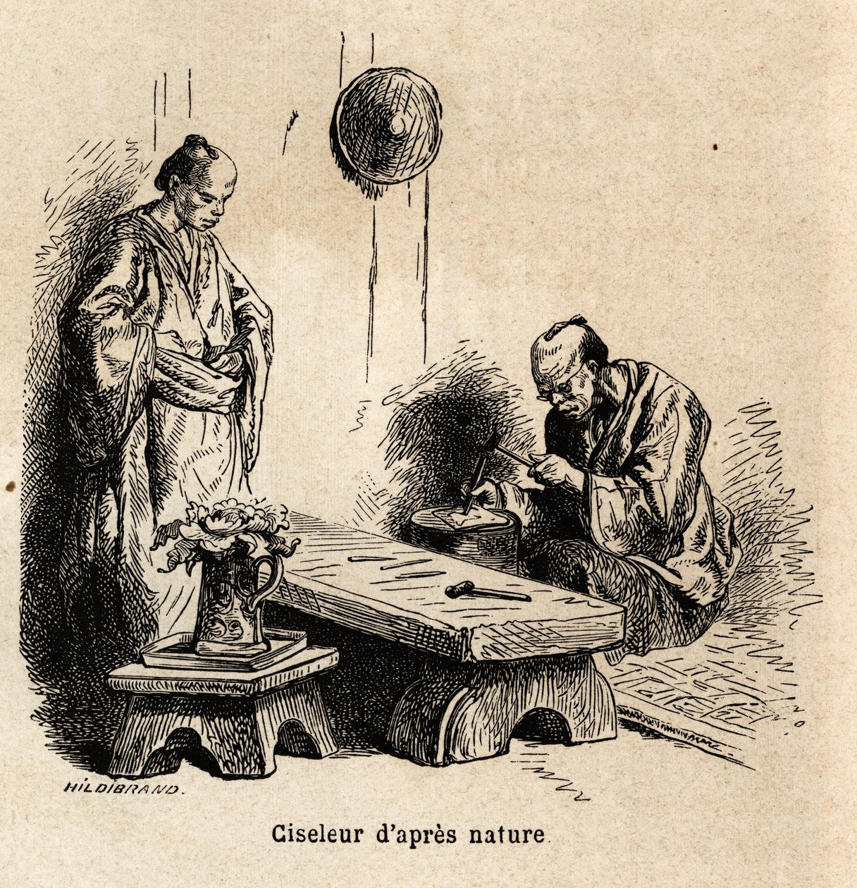 后自然凿子。 雕刻说明 1863 年至 1864 年前往日本的航行，由瑞士联邦部长艾梅·亨伯特 (Aime Humbert) 在爱德华·查顿 (Edouard Charton) 指导下出版的“Le tour du monde, nouveau journal des voyages”中 作者 未知艺术家