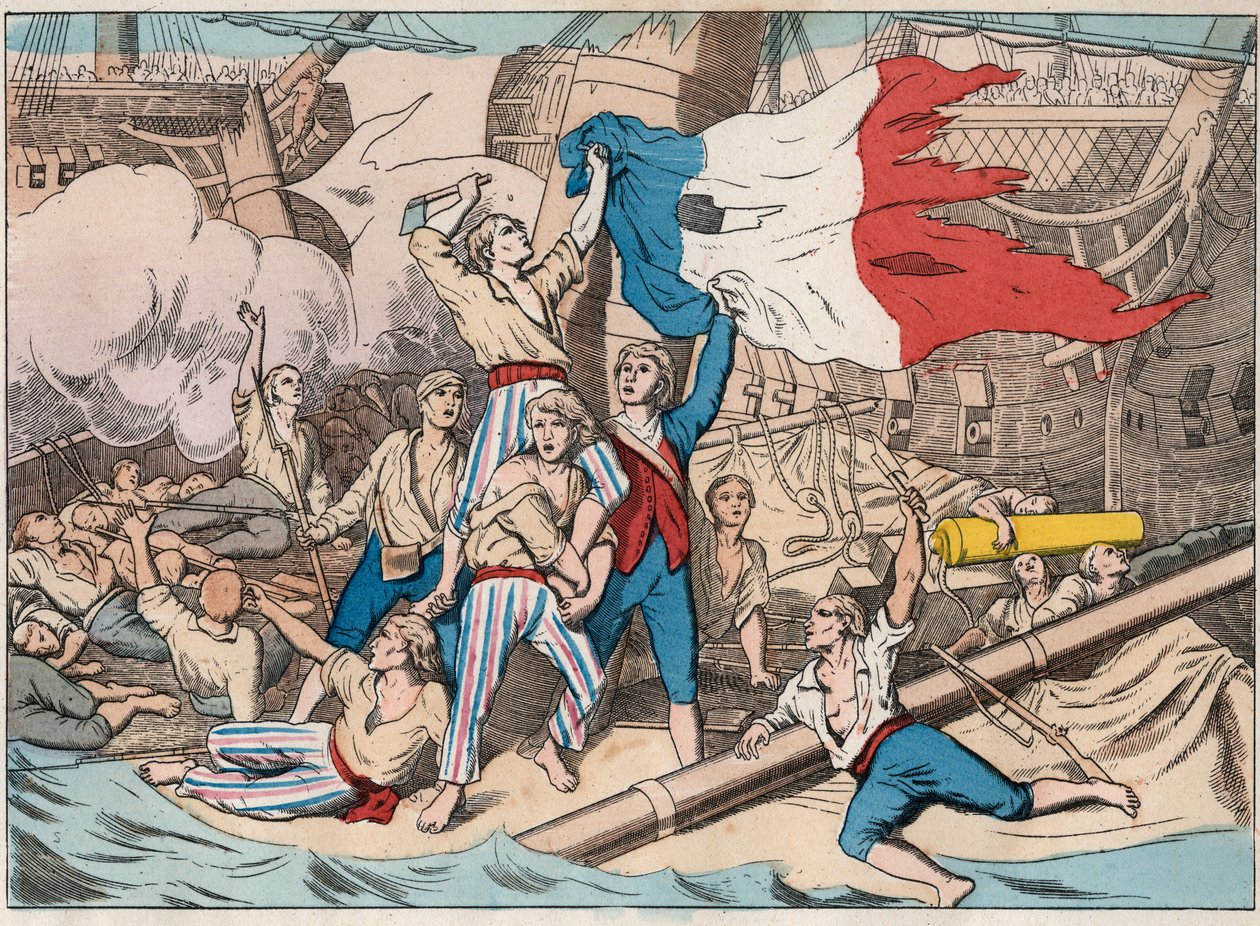1794年6月1日，在第二年的14 Prairial海战中，"复仇者 "号被三艘英国船只攻击的痛苦经历（6月2日）。 作者 未知艺术家
