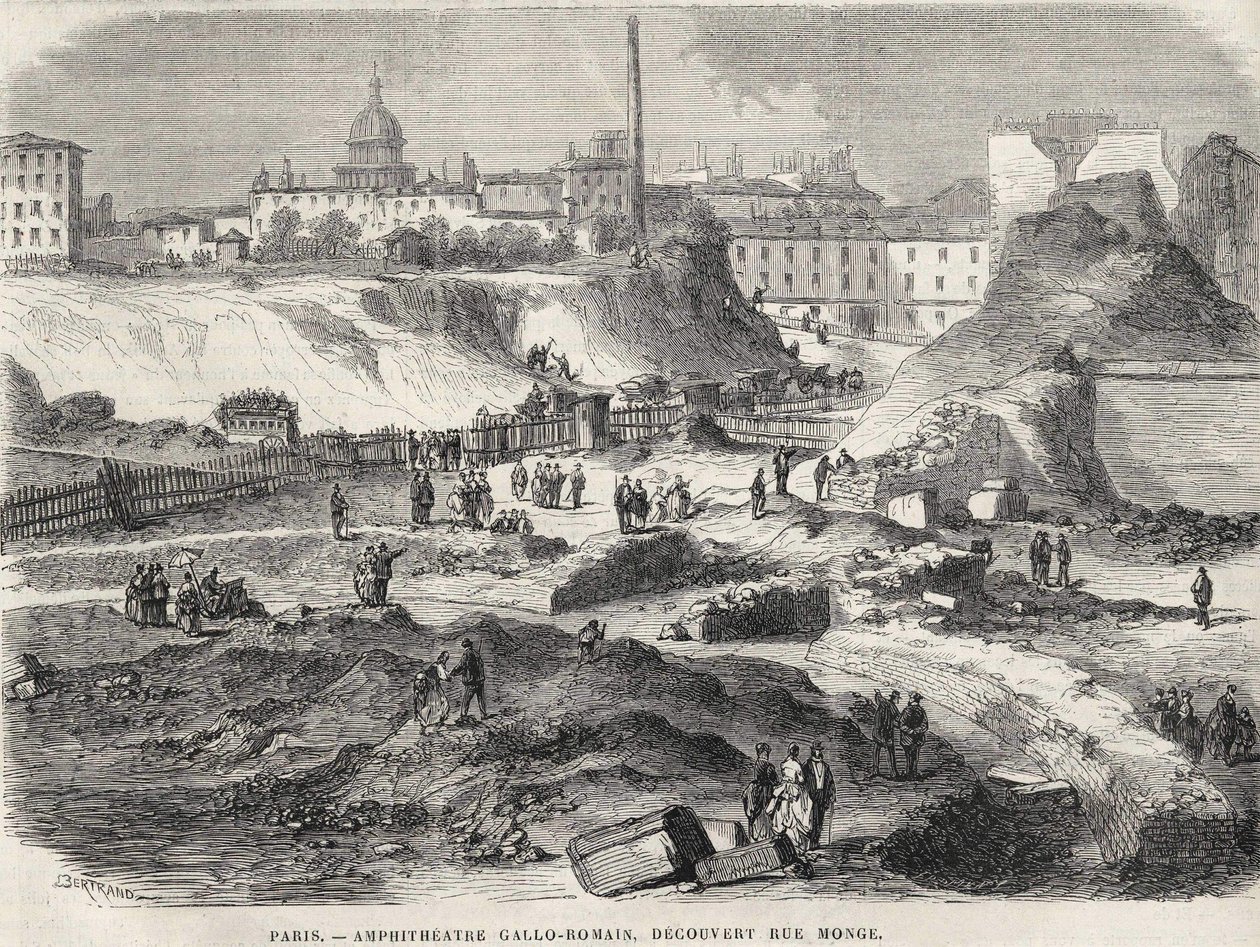 1870年在巴黎Rue Monge（今天的Arenes de Lutèce）发现的两栖动物学家Gallo Romain。19世纪的雕版画。 作者 未知艺术家