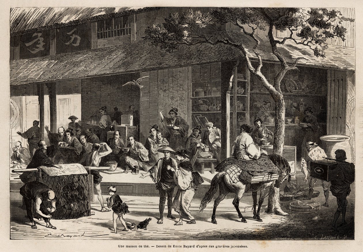 一所房子的动画和街道的活动。1863-1864年，瑞士联邦部长艾梅-亨伯特在 "Le tour du monde, nouveau journal des voyages "的指导下出版的 "Le tour du monde, nouveau journal des voyages "中为赴日航行作的版画。 作者 未知艺术家
