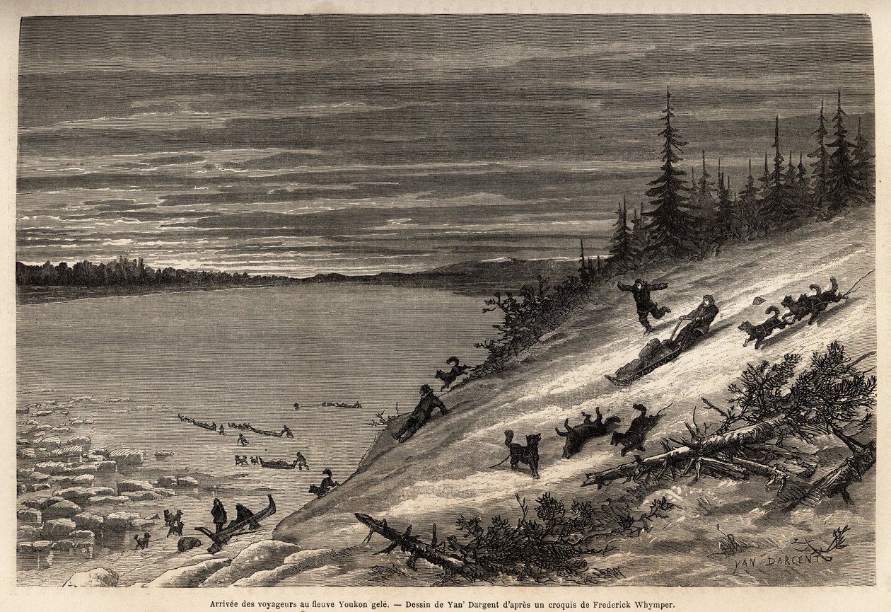 The arrival of passengers by dog sledding at the Yukon River (extreme northern Canada) completely freezes. Engraving to illustrate the voyage and adventures in English Colombia, Vancouver Island and Alaska, by Frederick Whymper 作者 未知艺术家