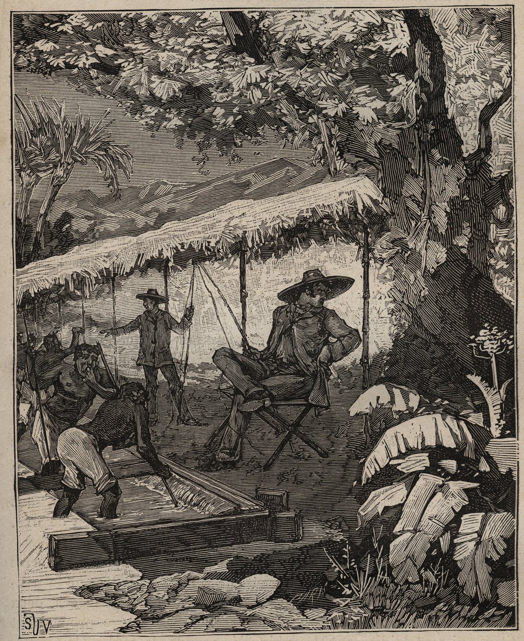 青石艺术：在巴西清洗钻石，载于阿道夫-比塔尔1885年的《艺术与工艺插图》（雕刻）。 作者 未知艺术家