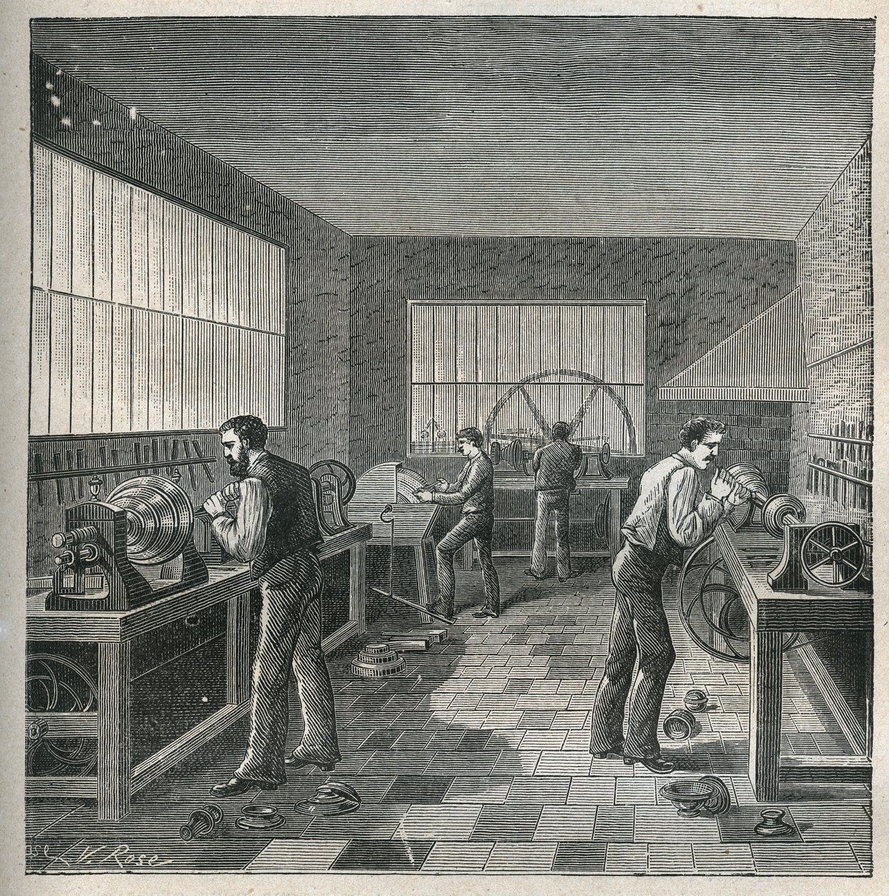 车床的艺术：车工车间里的金属加工。1885年阿道夫-比塔尔的 "艺术和金属图解 "中的雕刻。 作者 未知艺术家