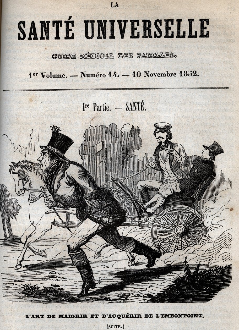 减肥和超重的艺术：一个人在走路，另一个人在马车上运货--1852年 "La Sante Universelle - Guide Medical des Familles "中的版画 作者 未知艺术家