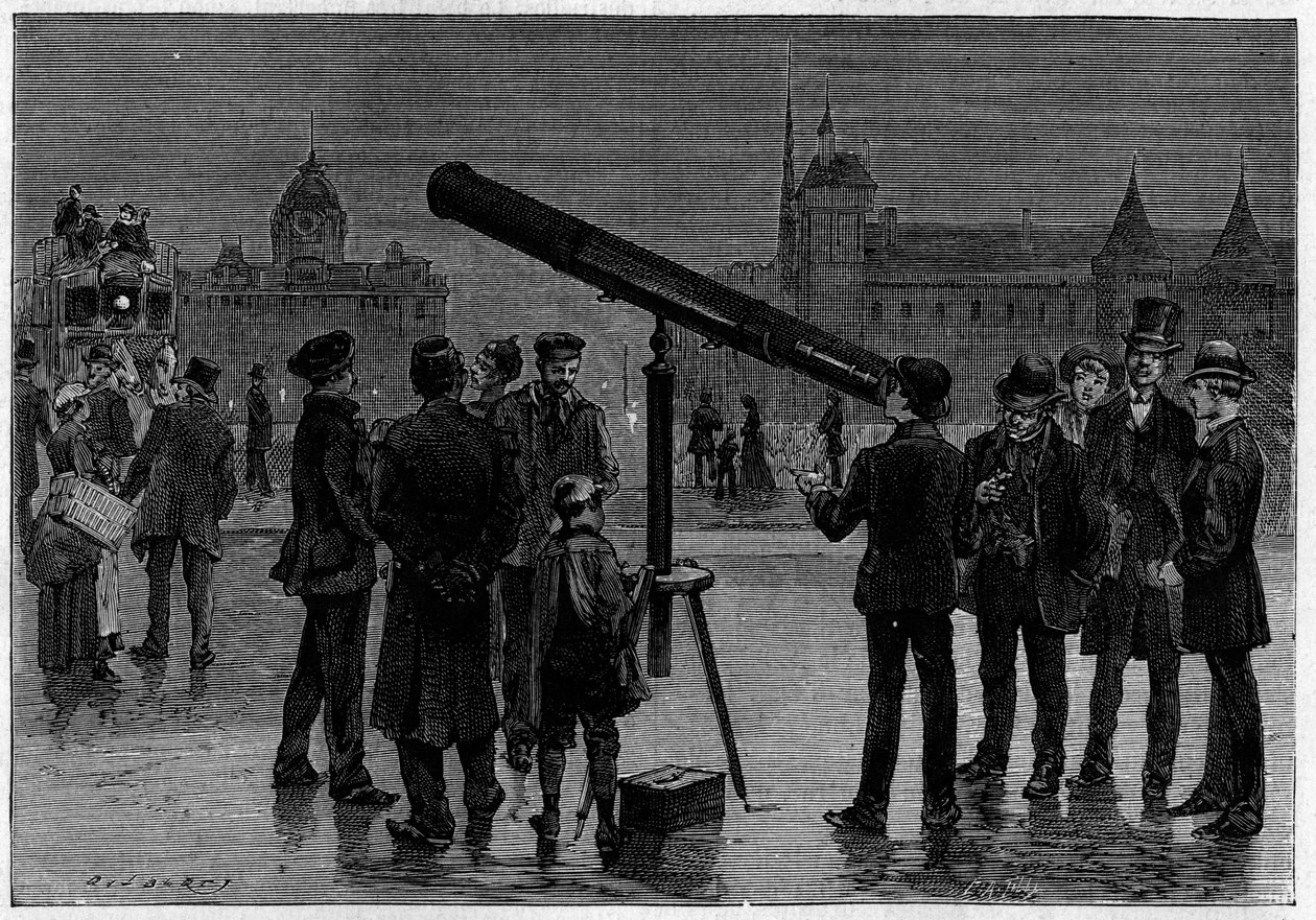 1889年2月，天文学家和他的天文挡板在巴黎的Chatelet广场，当时正在对金星进行观测。雕刻在 "La Nature.科学及其在艺术和工业中的应用杂志" 作者 未知艺术家
