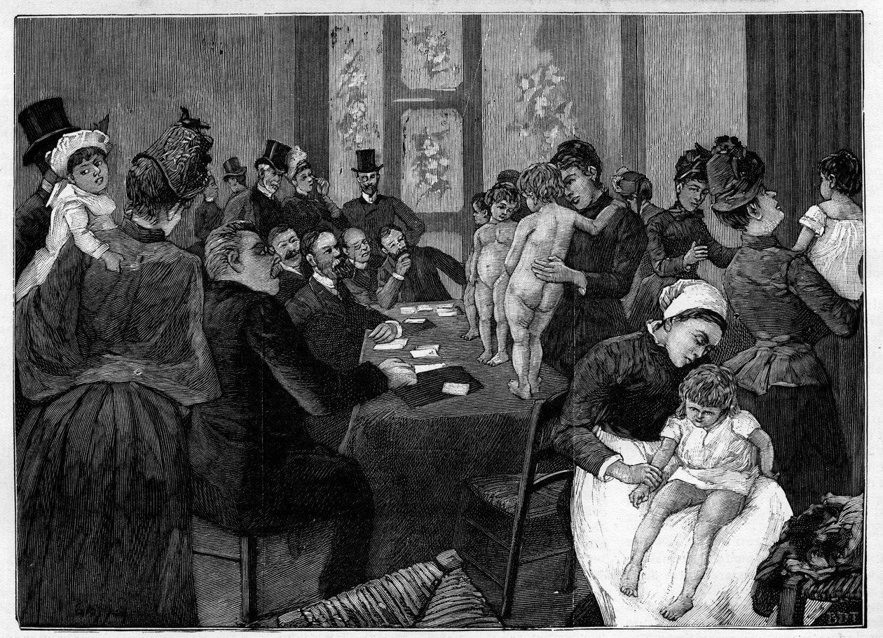婴儿竞赛。母亲在巴黎Cloitre-Notre-Dame街的评审团面前展示他们赤裸的孩子，以选举最美丽的婴儿。在 "杰出世界 "上的雕刻。 作者 未知艺术家
