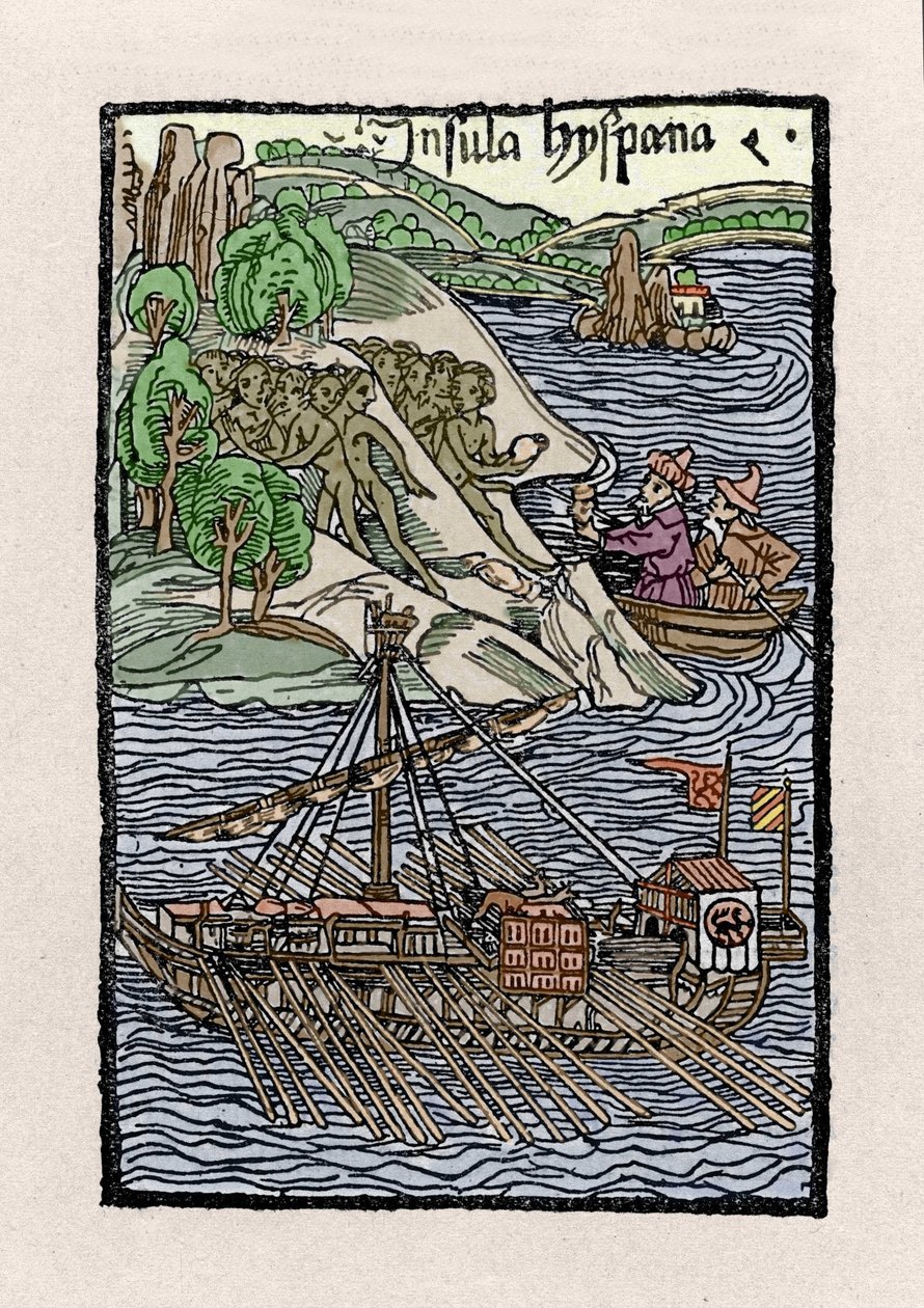 克里斯托弗-哥伦布（1451-1506）在伊斯帕尼奥拉的树皮。雕刻自 "De insulis in mare Indico super inventis"，Bale 1493-1494（哥伦布给西班牙国王的报告的拉丁文翻译）。 作者 未知艺术家