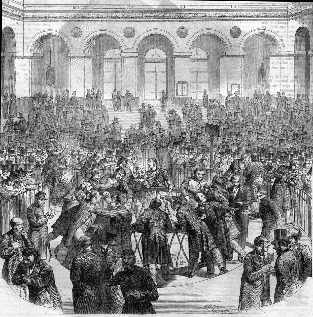 1865年，在巴黎证券交易所，交易员的篮子。根据M.G. Roux的画作绘制的版画 作者 未知艺术家