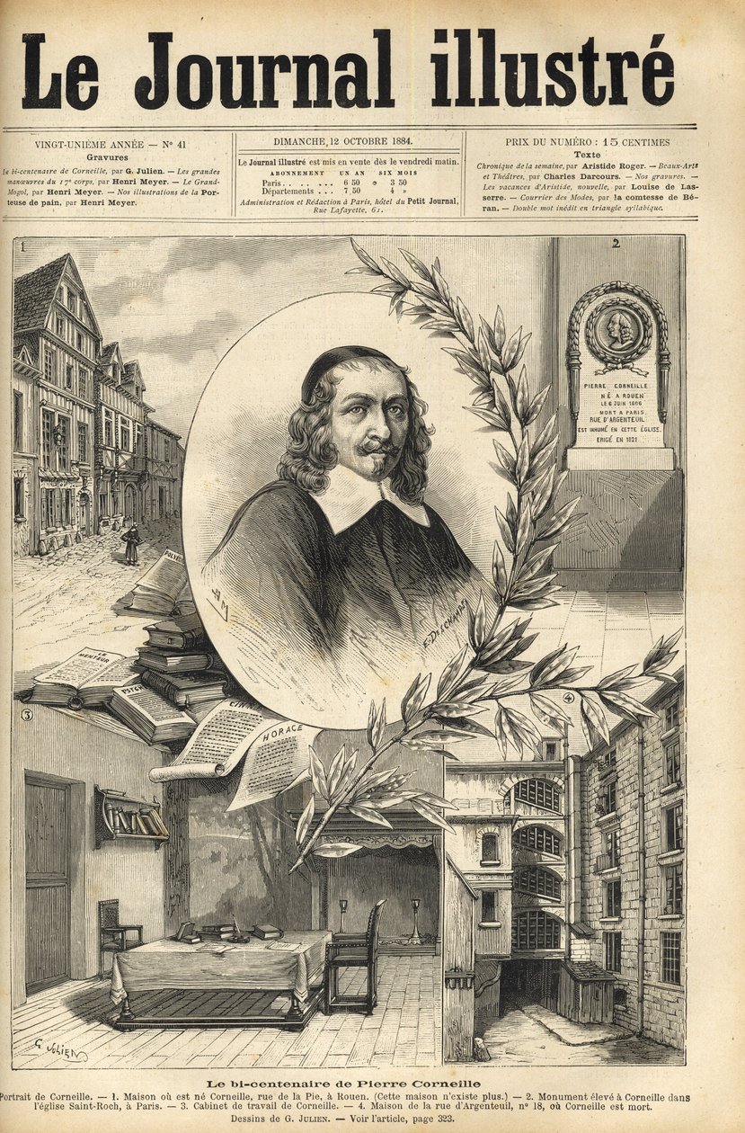 皮埃尔-科尔内耶二百周年纪念--Le bicentenaire de Pierre Corneille--1884年 "Le journal illustrious "中的版画。 作者 未知艺术家
