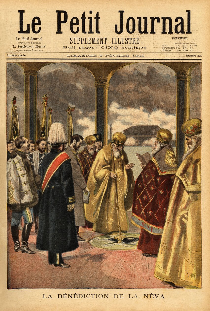 The blessing of the Neva, a Russian tradition that takes place in St. Petersburg every year during the epiphany. Engraving in “” Le petit journal”” 3/02/1895. Selva