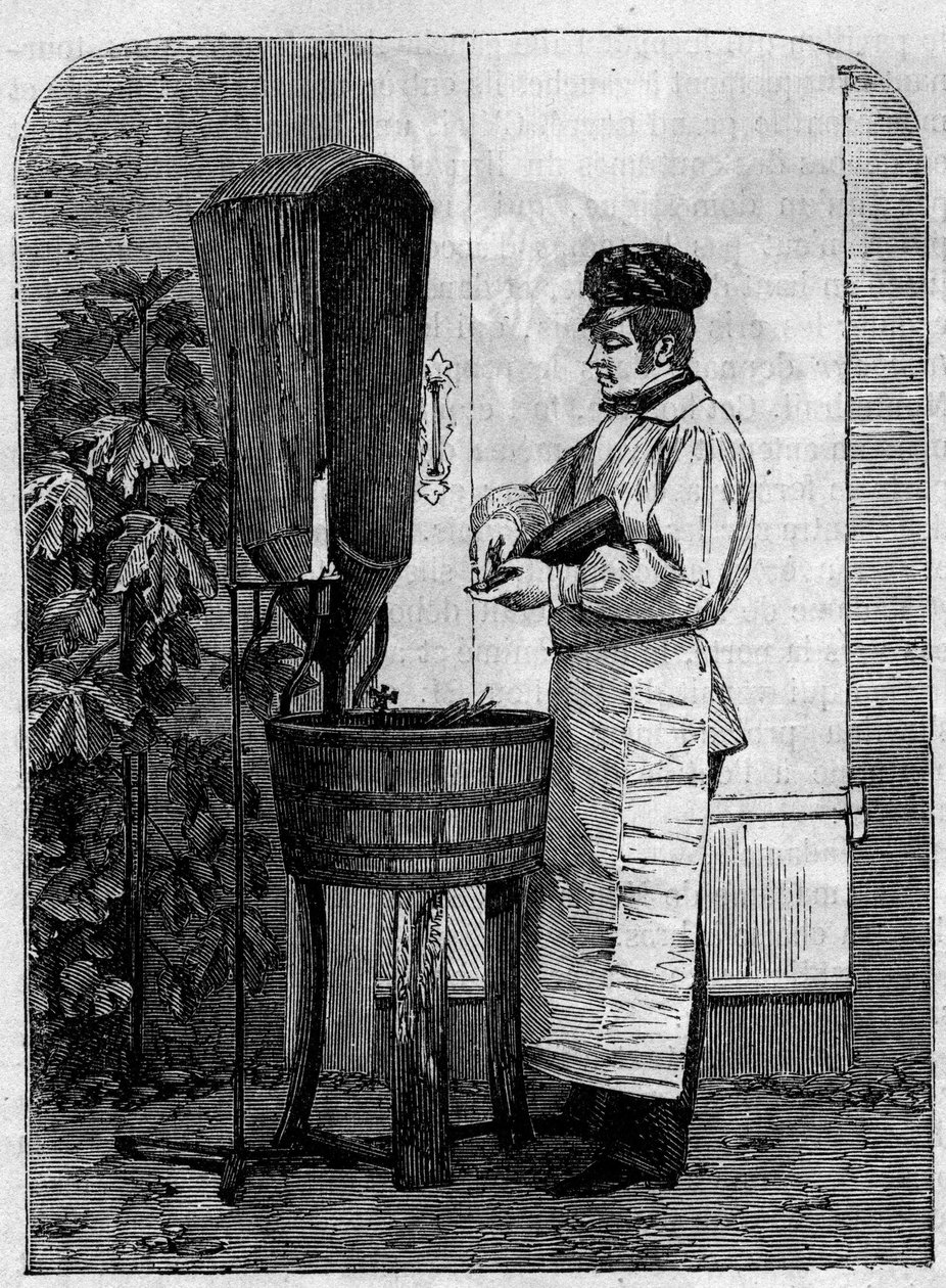 香槟酒的装瓶。1864年的雕版画。 作者 未知艺术家