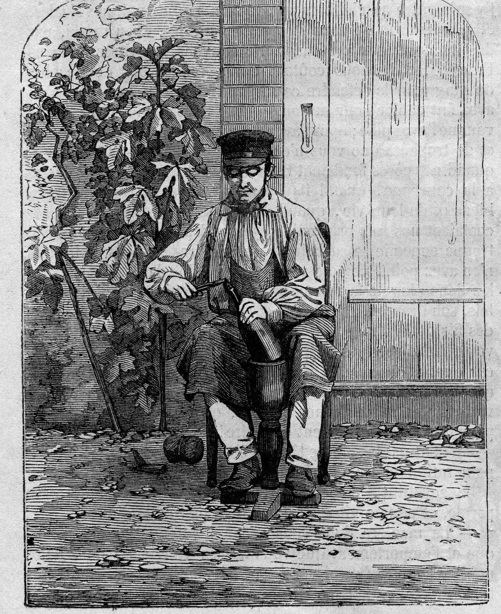香槟酒的装瓶。1864年的雕版画。 作者 未知艺术家