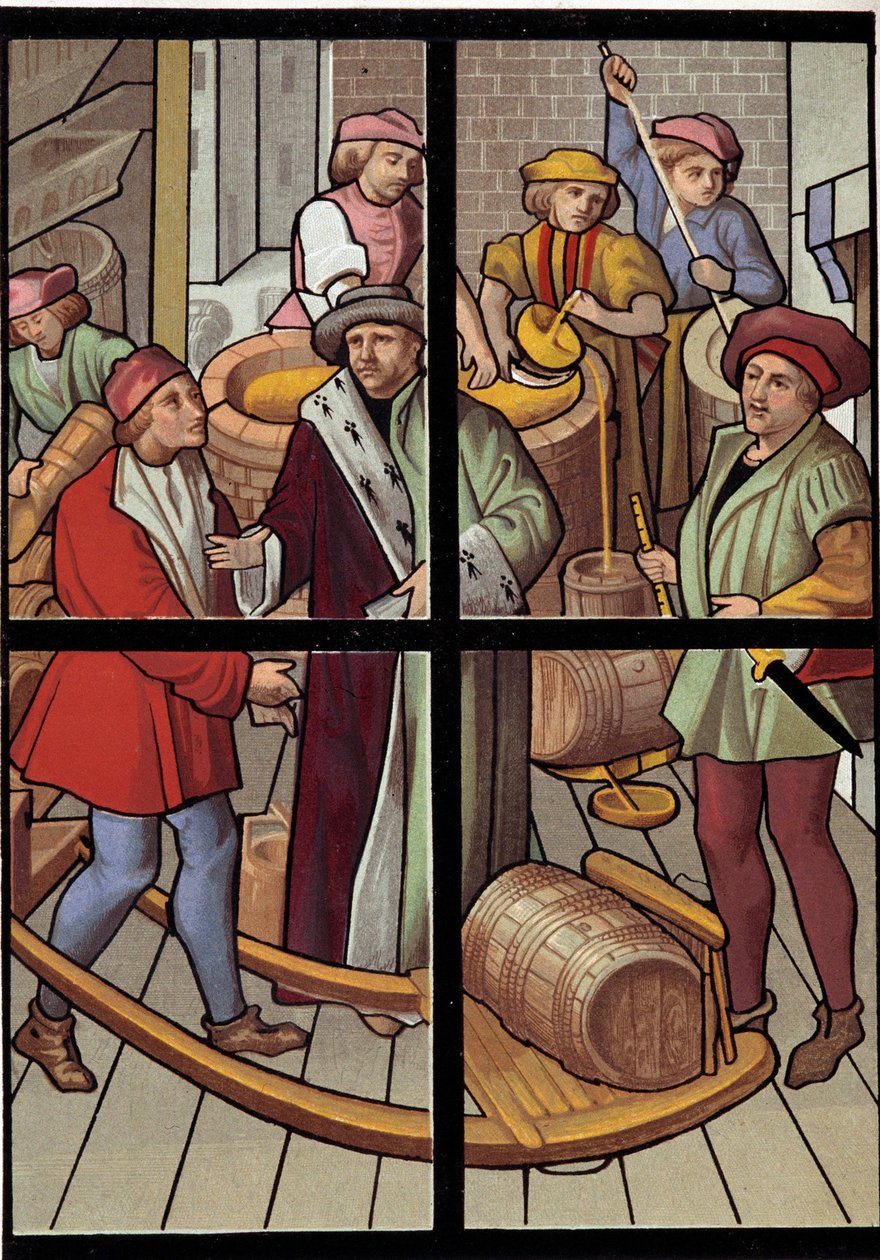 酿酒师。石版画来自15世纪图尔奈大教堂的彩色玻璃窗。19世纪。巴黎，装饰艺术 作者 未知艺术家