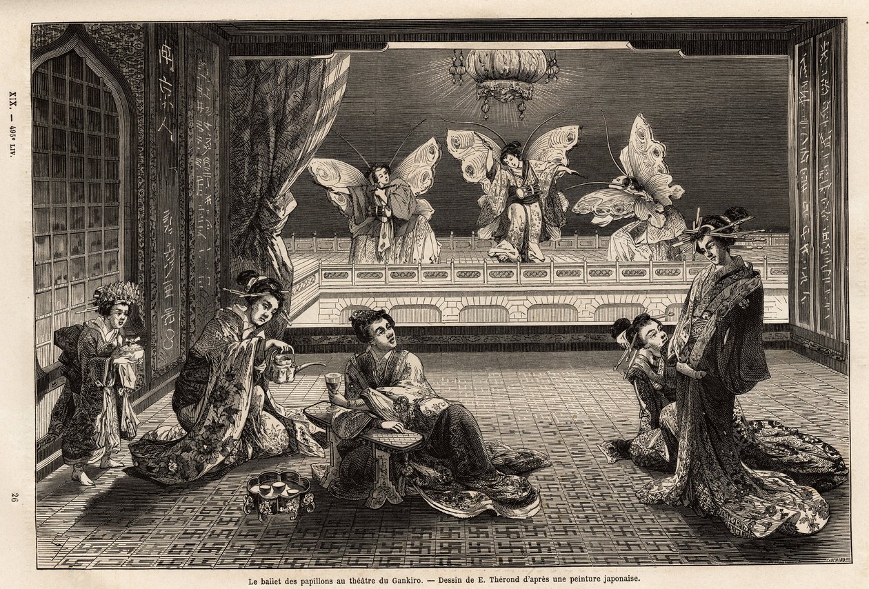 The butterfly ballet at the Gankiro Theatre, in the Miyozaki Pleasure District in Yokohama. Engraving to illustrate the journey to Japan, by Aime Humbert, minister of the Swiss Confederation, in 1863-1864, published in “” le tour du monde””, under the dire 作者 未知艺术家