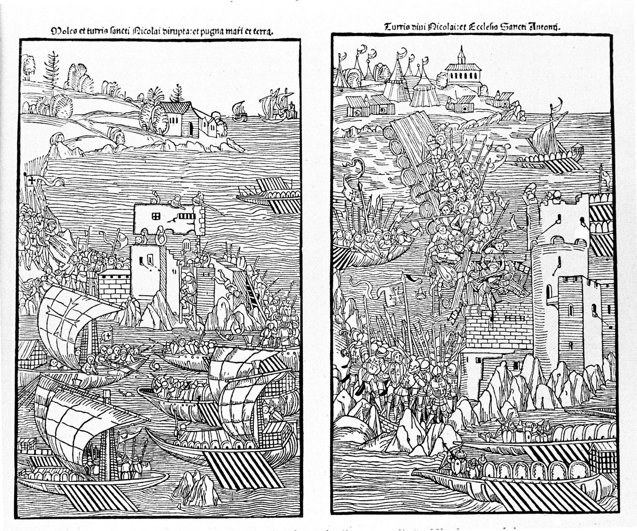1522 年土耳其人攻占罗德岛。土耳其人进攻圣尼古拉斯要塞。 木版画。 作者 未知艺术家