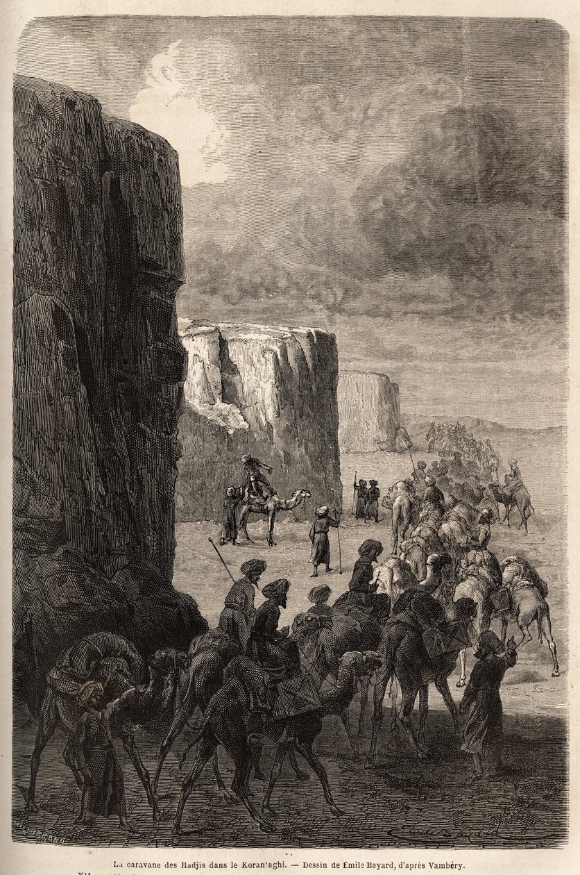 The caravan of the Hajis (Muslim pelerins) in Korantaghi (Persia, Iran). Drawing by Emile Bayard (1837-1891), to illustrate the journey to Central Asia, in 1863, by Arminius Vambery (Hungarian scientist disguise in dervish). Engraving in “” Le tour du mond 作者 未知艺术家