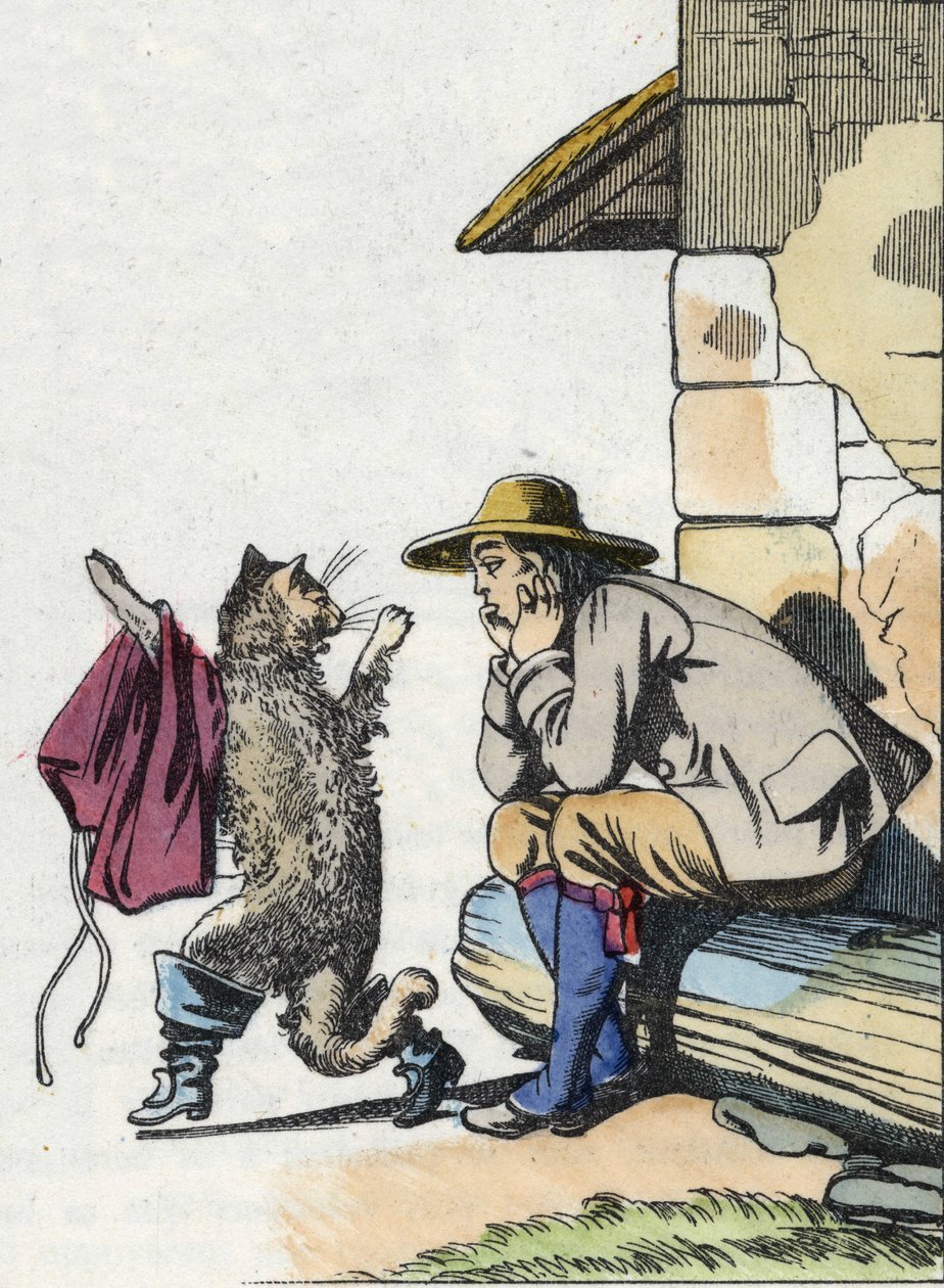 猫向主人要衣服和靴子，并承诺很快就会发财。查尔斯-佩罗的故事 "Le chat botte "的插图 作者 未知艺术家