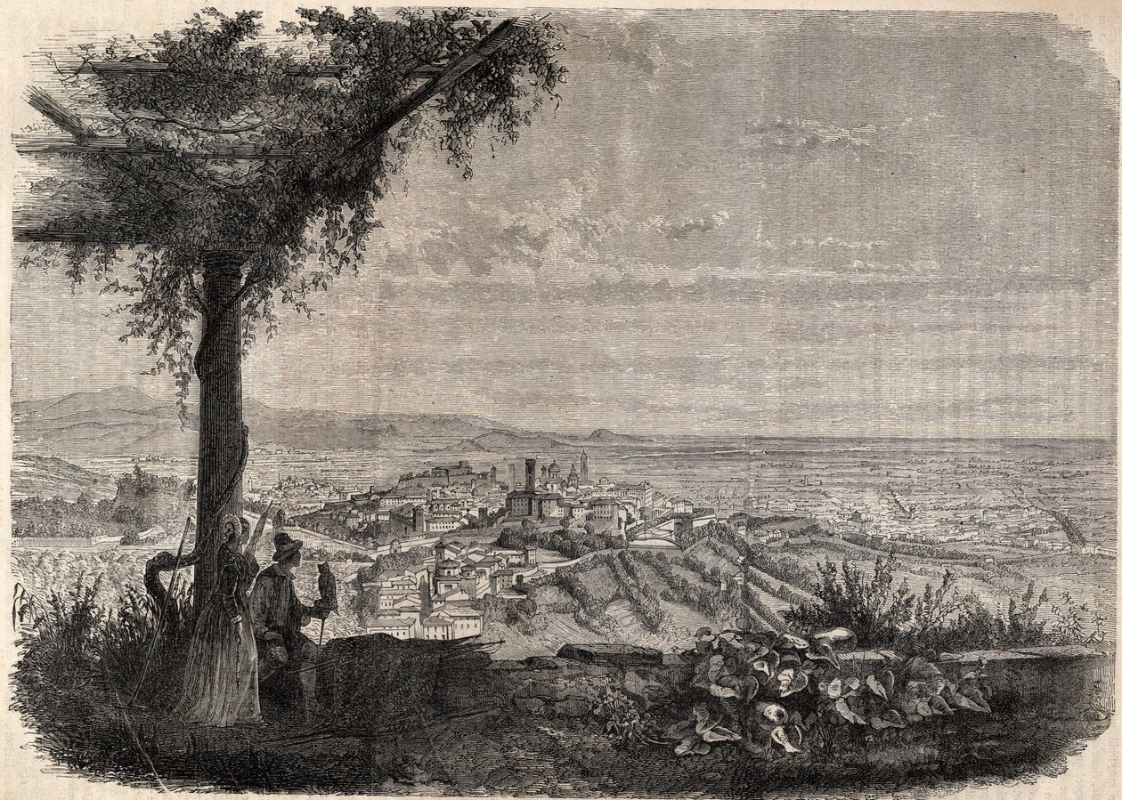 1858年左右的贝加莫（Bergamo）市--雕刻--。 作者 未知艺术家