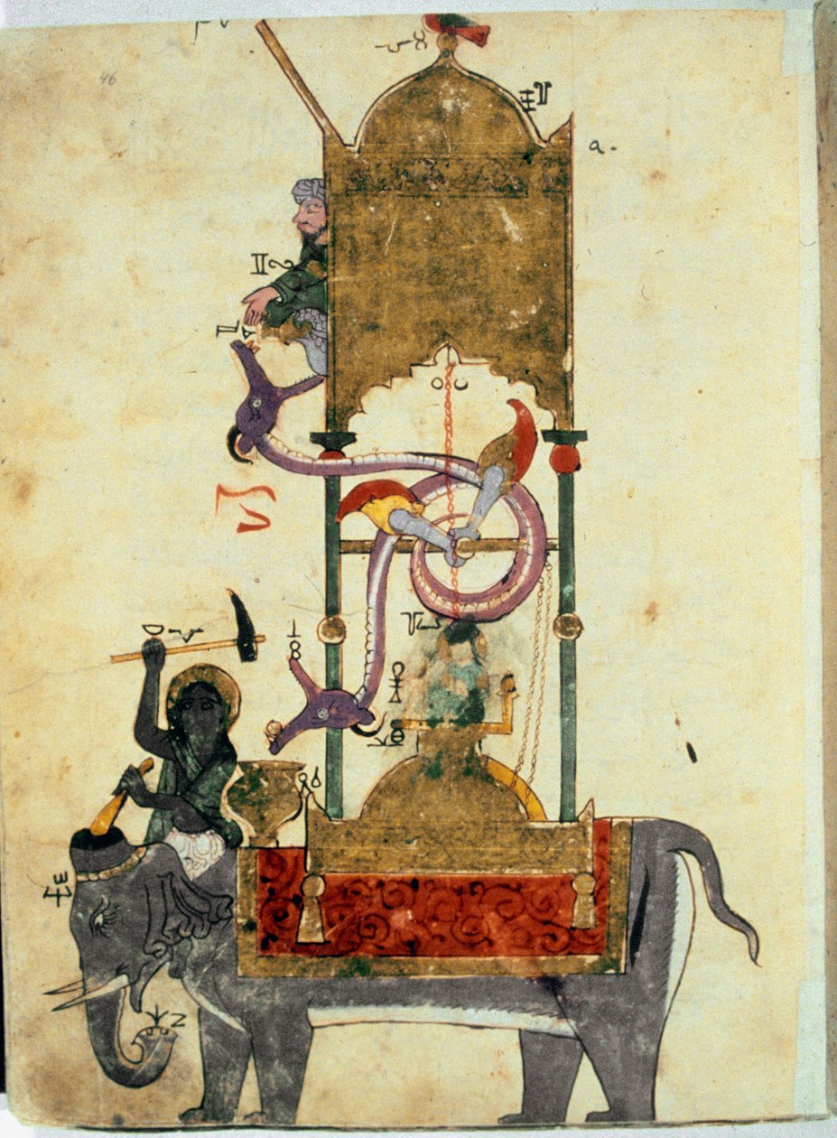 Clepsydra有大象 这是一项中世纪的穆斯林发明，由土耳其工程师Ibn al-Rajjaj al-Jazari（Al Rajjaj Al Jazari）（1136-1206）在1200年左右设计的大象形水钟组成。土耳其发动机设计的发明 作者 未知艺术家