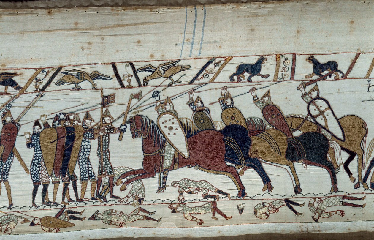 诺曼底公爵威廉-征服者（1027-1087）于1066年征服英格兰：黑斯廷斯战役的场景，诺曼人的步兵与撒克逊人的骑兵对峙。 贝叶挂毯或玛蒂尔德女王刺绣的细节 作者 未知艺术家