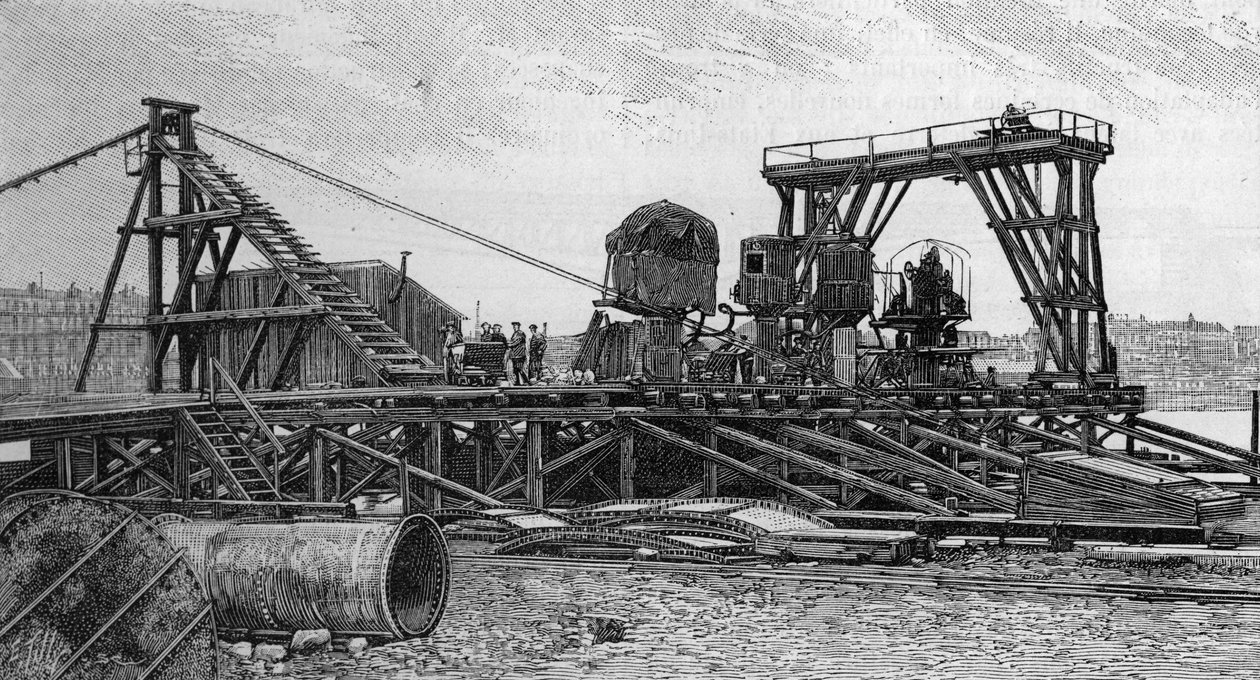 巴黎米拉波桥的建设（1893年）：服务桥（来自一张照片）。1894年2月3日的《自然：科学与艺术和工业应用杂志》中的雕刻。 作者 未知艺术家