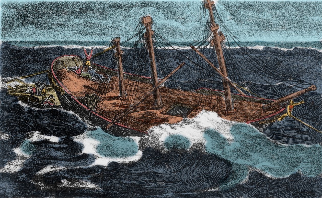 1816 年 7 月 2 日，毛里塔尼亚海岸附近的阿尔金河岸，建造“美杜斯”号护卫舰筏失败。 19 世纪的雕刻 作者 未知艺术家
