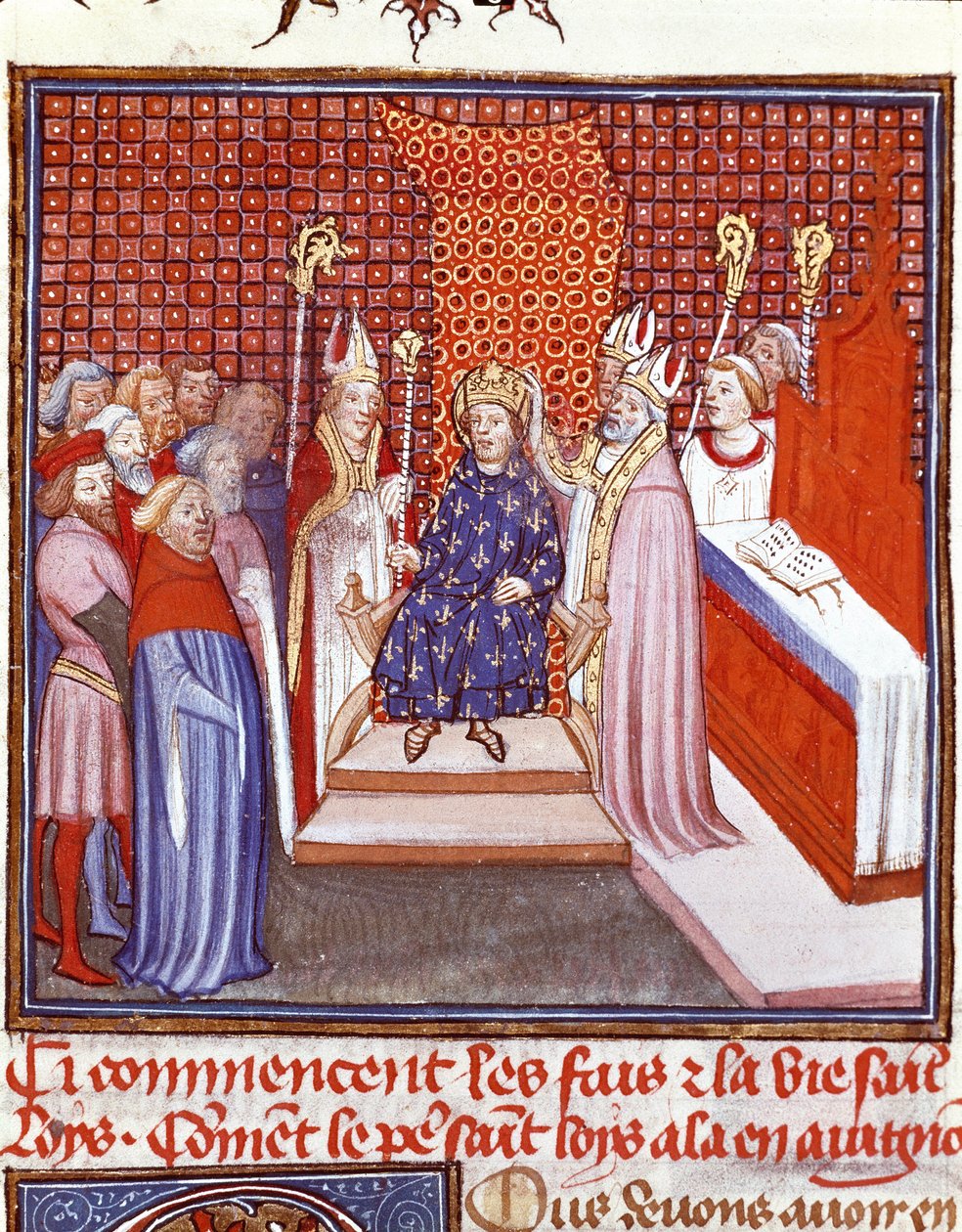 圣路易斯（1214-1270）在 1226 年的加冕礼，《法兰西大编年史》（Les grandes Chronicles de France）的缩影，让·弗洛瓦萨尔（1337-1400）14 世纪尚蒂伊，孔德博物馆 作者 未知艺术家