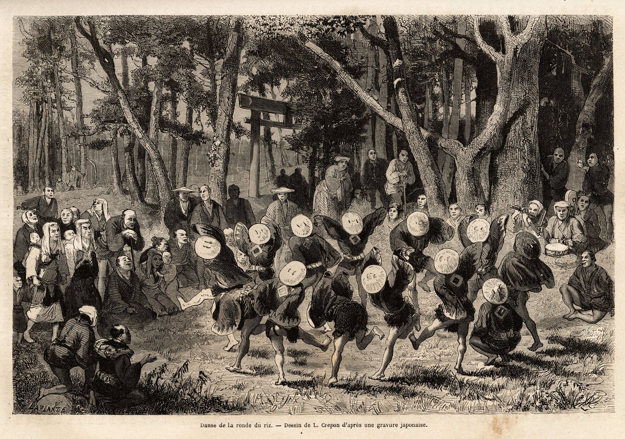 一年中的第 10 个月举行的稻轮舞与谷类作物有关。 1863 年至 1864 年瑞士联邦大臣艾梅·亨伯特 (Aime Humbert) 所绘的日本之旅的版画，发表于《世界之旅》，和 作者 未知艺术家