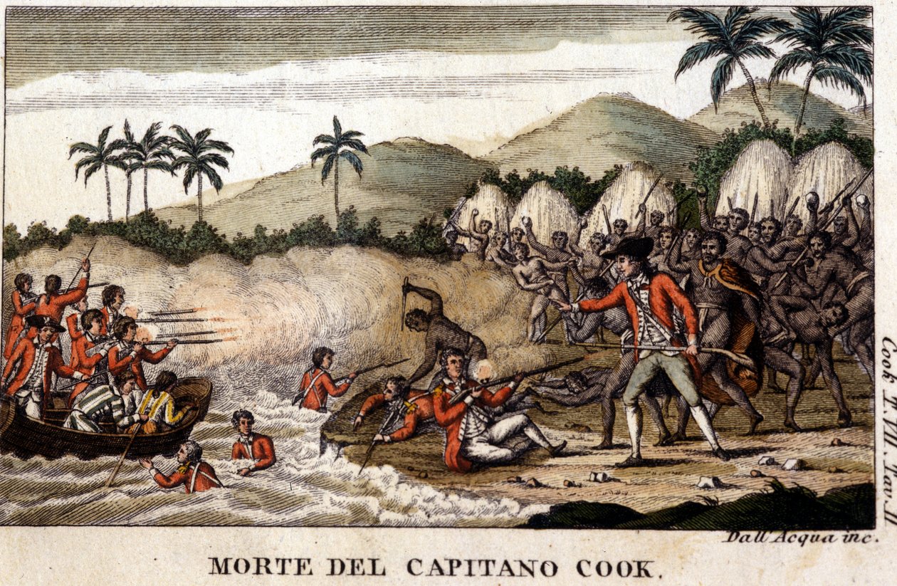1820 年米兰“Viaggi del Capitano Cook”后库克船长之死 作者 未知艺术家