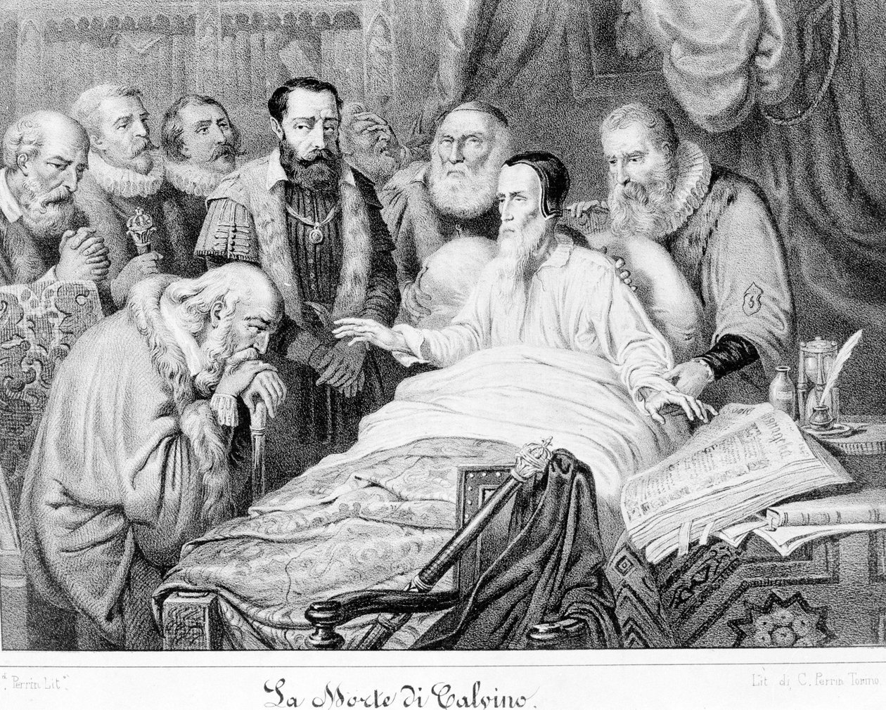 让·加尔文 (Jean Calvin) 之死 (1509 - 1564)。 作者 未知艺术家