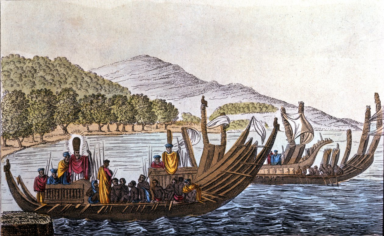 The department of Polynesians for the Pacific aboard double-hull canoes. Lithograph from the beginning of the 19th century 作者 未知艺术家