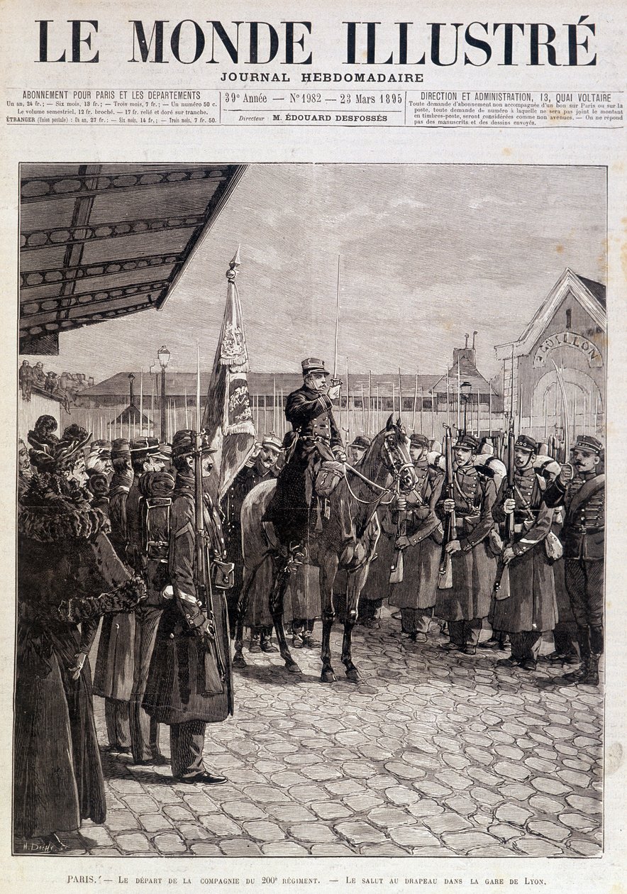 第200团的连队出发。在里昂火车站向国旗致意。"世界画报"。23/03/1895.绘图。 作者 未知艺术家