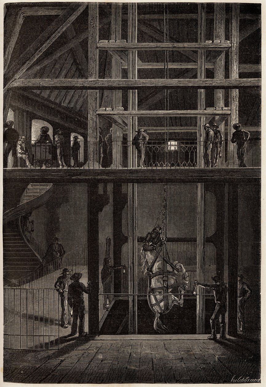 The descent of a horse in the Creusot mines, used in underground tunnels for the transport of coal carts. Engraving to illustrate a voyage to the Creusot and the mines of Saone and Loire, in 1865, by L. Simonin, in “” Le tour du monde, nouveau journal des  作者 未知艺术家
