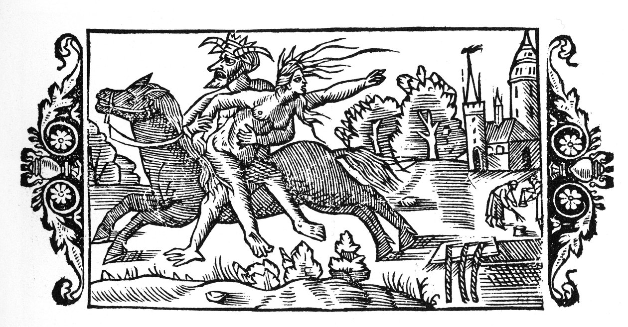 携带女巫的魔鬼--载于奥劳斯-马格努斯的 "Historia de Gentibus Septentrionalibus"，罗马，1555年 作者 未知艺术家