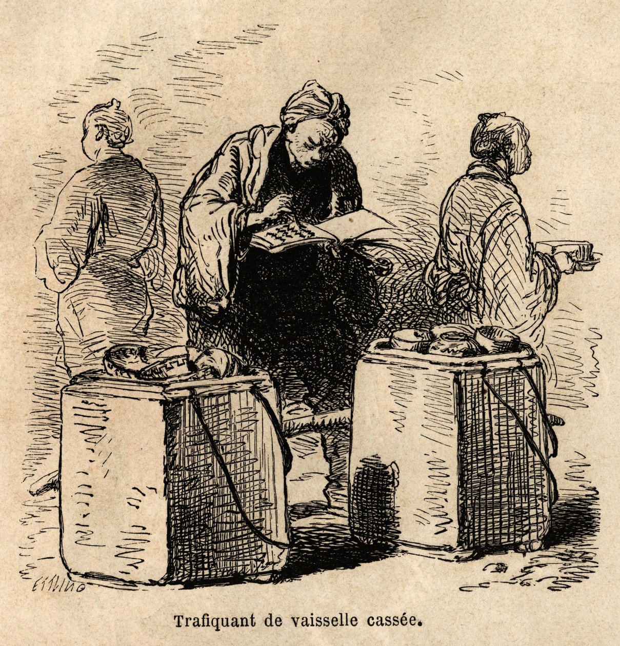 肮脏的菜贩子。 1863 年至 1864 年瑞士联邦大臣艾米·亨伯特 (Aime Humbert) 所绘的日本之旅的版画，在 Edouard Charton、Hachette、巴黎 1869 年指导下的“世界之旅”中发表。Selva 收藏。 作者 未知艺术家